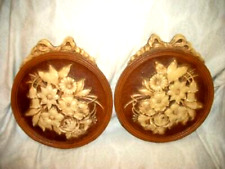 1940s BURWOOD SYROCO BOW TOP FLORAL RELIEF PLAQUES BROWN TAN EARLY MID CENTURY picture