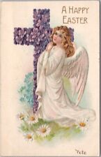 1908 HAPPY EASTER Greetings Postcard Praying Angel Girl / Violet Flower Cross picture