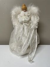 Vtg Angel Christmas Topper Porcelain Face White Gown Feather Wings 16” picture