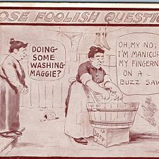 c1910s Funny Mocking Foolish Questions Postcard Fingernail Manicure Buzz Saw A76 picture