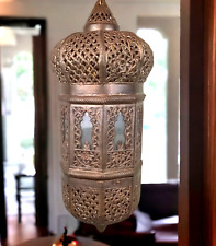 RARE MCM Mid 20th Century Pierced Brass Moroccan Hanging Lantern Swag Light 24