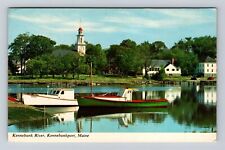 Kennebunkport ME-Maine, Kennebunk River, Boats, Church, Vintage Postcard picture