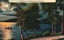 Postcard IN Poseyville Greetings Canoe by Moonlight Linen Vintage PC H4888 picture