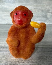 Vintage Flocked Monkey Chimp With Banana & Red Plastic Face Hong Kong 3" Figure picture