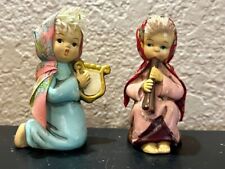 Vintage MCM Christmas Choir Angel Kneeling Children Harp Flute Figurine Lot of 2 picture