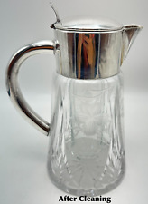 Vintage Cut Glass Pitcher Carafe Silver Plate w/ Cold Center Tulips Cut 10