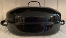 Vintage Large Solid Black Enamel Roaster Pan With Lid 18” X 13” X  4” picture
