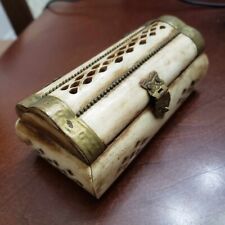 5 inch Vintage Hinged Trinket Jewelry Box Treasure Chest Camel Bone Brass Metal picture