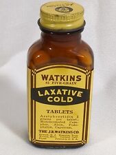 Watkins Laxative Cold Tablets Amber Glass  Bottle Vintage w/Contents Advertising picture