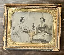 HALF PLATE Ambrotype Women At Tinted Table BOTH HOLDING PHOTOS PIP Rare picture