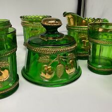 Northwood EAPG Emerald Green Peach  Cable Hostess Set of 9  1898 Flawed Antique picture