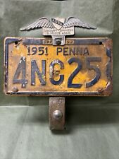 4NC25- Vintage Motorcycle License Plate 1951 Pennsylvania W/ AOPA Bracket Mount picture