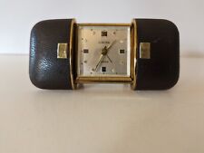 Vintage Europa Travel Alarm Clock 7 Jewels Leather & Brass Sliding Case Germany picture