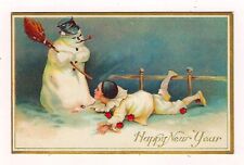 Early 1900's New Years Post Card Snowman Broom Court Jester Embossed picture