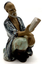 Vintage Glazed Chinese Shiwan Elderly Mudman Reading Figurine Clay Art Pottery picture