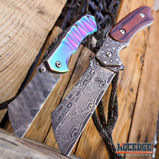 2PC Sharp Etched Damascus Set FIXED BLADE Cleaver + POCKET KNIFE Mini Cleaver picture