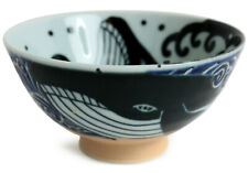 Mino ware Japanese Ceramics Rice Bowl Blue Whale & Waves made in Japan picture