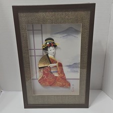 Framed Japanese 3D Geisha Red Kimono Wall Art Print with Fan, Provenance N/A picture