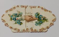 VICTORIAN ANTIQUE GREETING CARD CHRISTMAS PEEK A BOO HANDSHAKE FLORAL BLUE PINK picture