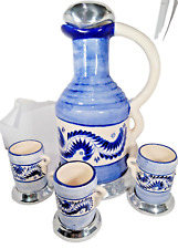 Coffee Pot Pitcher cups 5 pcs Mexico handmade vintage metal stopper Regalos blue picture