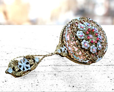 Intricate Hand Mirror Rhinestone Floral Metal Embossed Handcrafted Vtg picture
