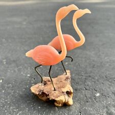 Vintage JOHN PERRY Pink Flamingos Sculpture Figurine Burl Wood Signed 6.5
