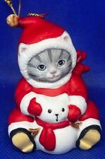 Vintage Schmid Kitty Cucumber Christmas Cat Kitten w/ Snowman Ornament picture