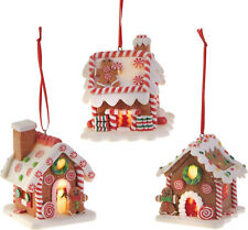Set of 3 Hanging Lighted Gingerbread Claydough House Ornaments, Festive Decor picture