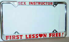 SEX INSTRUCTOR FIRST LESSON FREE VINTAGE 1970's NOS METAL LICENSE PLATE FRAME picture