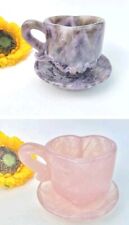 Rose Quartz + Amythest Crystal Tea Cup Set Hand Carved Gemstone Cups & Saucers picture