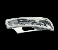 Etched Humpback Whale and Calf Stainless Steel Silver Hawk Knife Seal picture