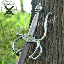 Hand Forged Damascus Steel Rapier Sword, Ocean Current Pattern, Leather Sheath picture