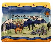 Vtg Colorado Souvenir Ashtray Elk, Pine Trees, Mountains, Eagle, Flowers, Bright picture
