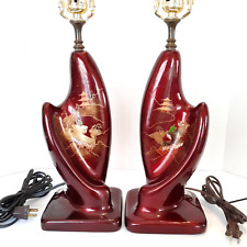 Japanese MCM Red Lacquer Lamps Pair RARE Vintage GrannyCore Handpainted WORKING picture