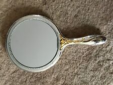 Heavy Vintage Silver Plated Ornate Vanity Hand Mirror w/Gold tone flowers 9.5