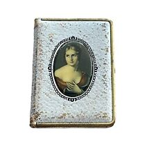 Mondaine Compact Mirror Figural Lady Book Shaped Powder White Leather Vintage picture