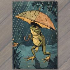 POSTCARD Frog Man Human Rain Umbrella Weird Strange Funny Ironic Out Of Water picture