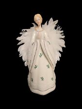 Vintage Christmas Angel Figurine~Porcelain~Holly Design Dress & Feathered Wings  picture