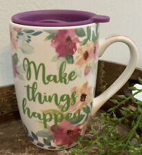Old East Main Co “Make Things Happen”Botanical Rose Coffee Tea Cup Mug W Lid NWT picture