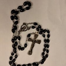 Vintage Catholic Rosary Black Silver Tone Crucifix Mother Mary Christian picture