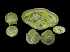 Uranium Glass Dressing Vanity Set Sowerby BUTTERFLY'S 1930’s Painted Rare picture
