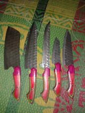 CUSTOM HANDMADE HAND FORGED DAMASCUS STEEL WOOD HANDLE KITCHEN CHEF SET OF 5 picture