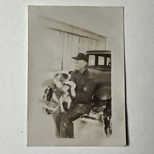 1930s MAN sitting on Car Bumper Outdoors with Floppy DOG  Snapshot Photo SNOW picture