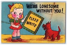 1953 Girl Dog Pleze Write Camp We're Lonesome Without You Wellfleet MA Postcard picture