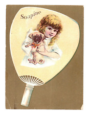 c.1890 Soapine Trade Card Hand Fan Frame Girl Holding Puppy Pug Dog Providence picture