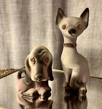 2 Vintage Roselane Calif USA Figurines Rhinestone Eyes Jewel Cat and Dog picture