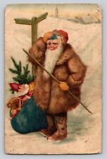 c1910 Santa Claus Fur Coat Snow Tree Toys Sack Boots Christmas P506A picture