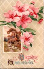 Vintage Postcard Birthday Greetings Pink Flowers & Country Farm Scene 1924 J-116 picture