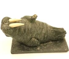 Two Wolf Original Indigenous Inuit Soapstone Tusked Walrus Sculptures  Canada  picture