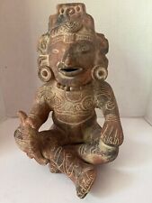 Mayan Aztec Terracotta Clay 13 in Statue Sitting Tribal God-like Figurine Mexico picture